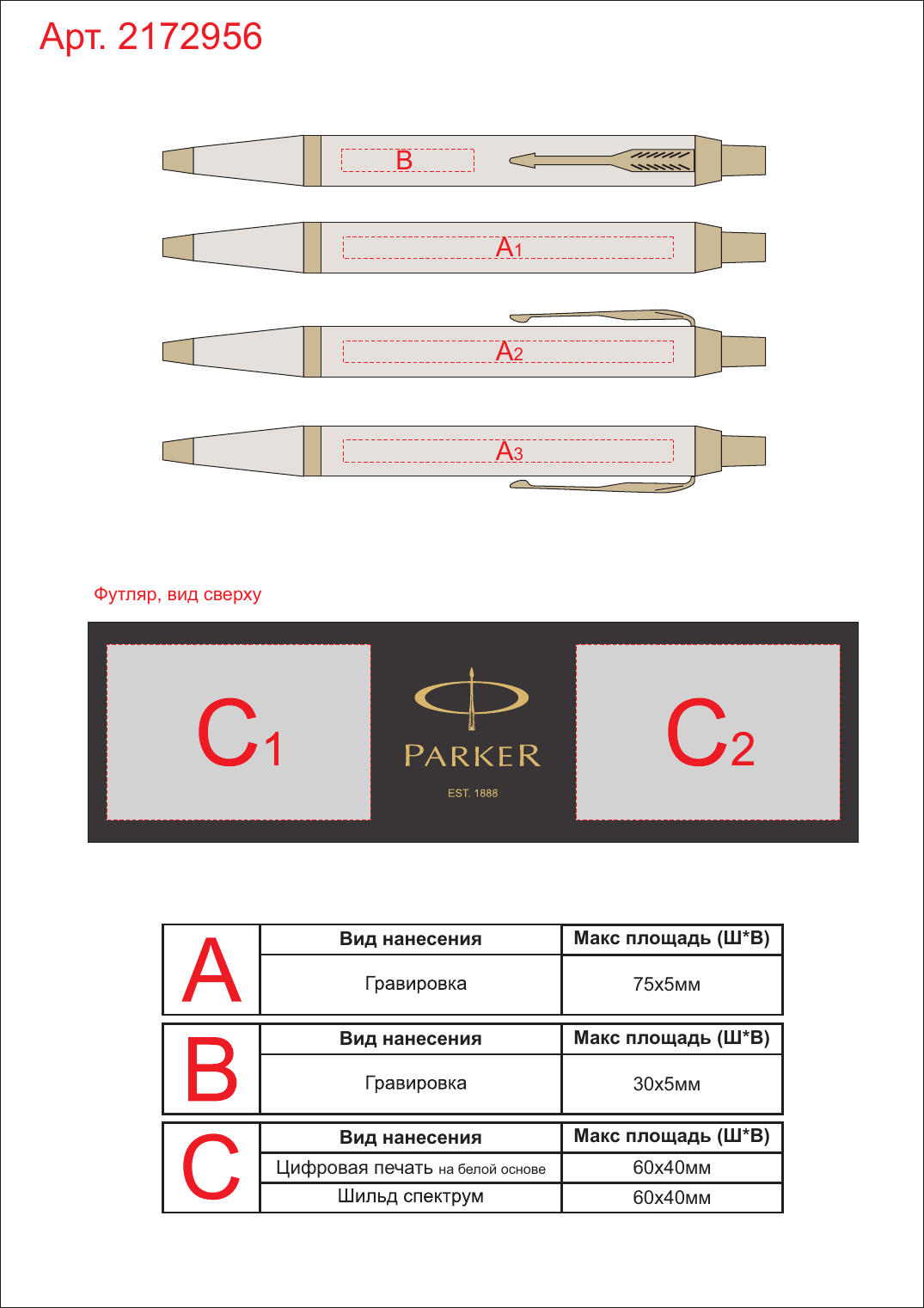 Макет зон брендирования Ручка шариковая Parker IM