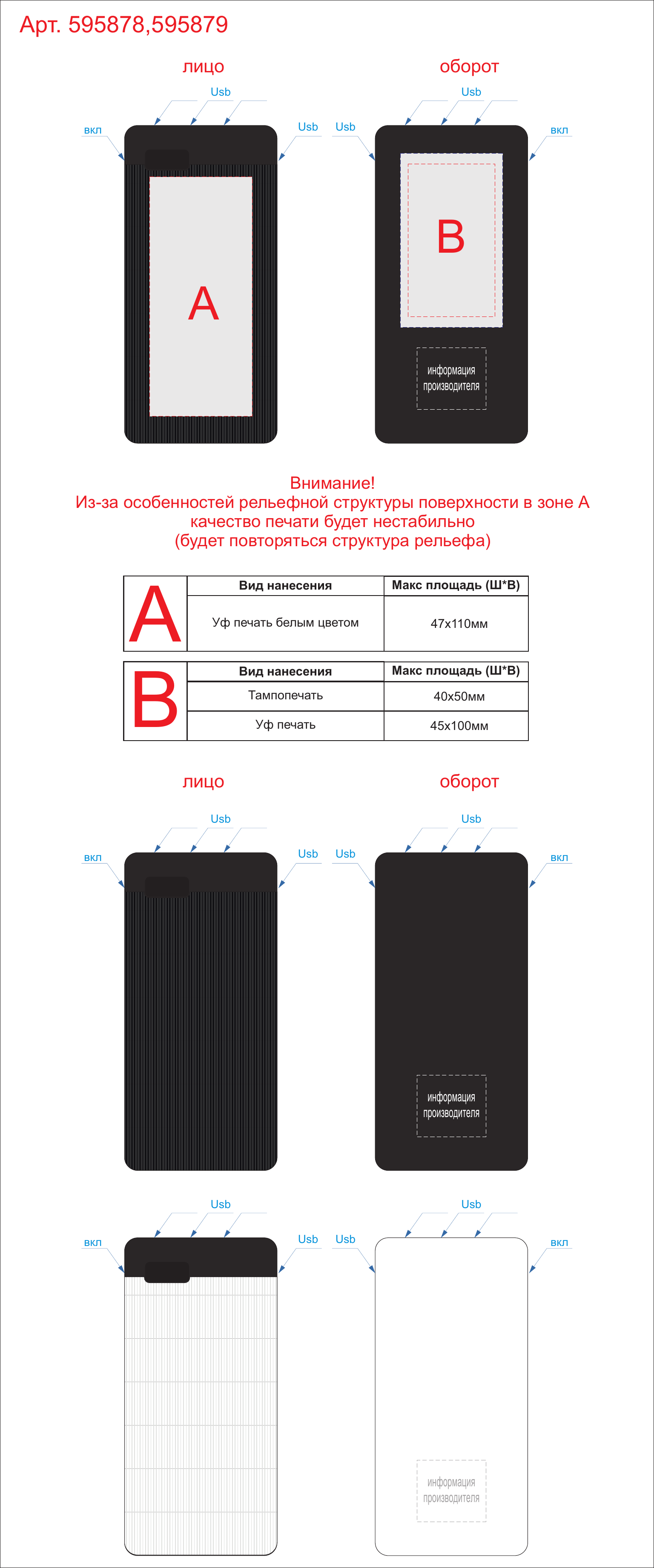 Макет зон брендирования Внешний аккумулятор «NEO Atrum», 20000 mAh