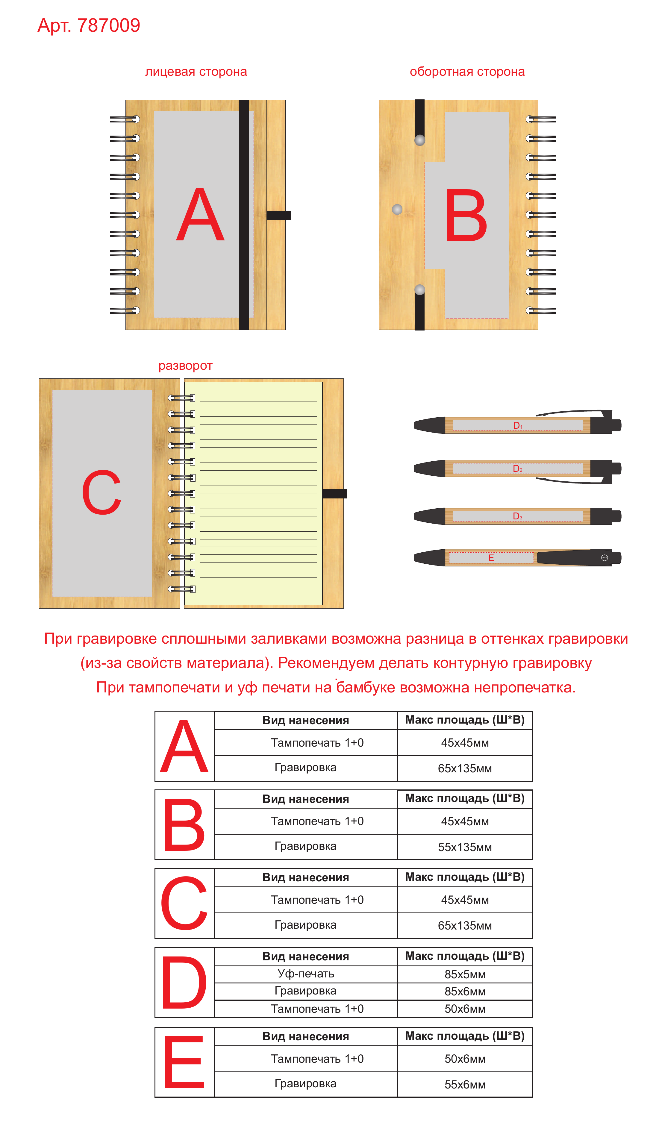 Макет зон брендирования Блокнот «Bamboo tree» с ручкой