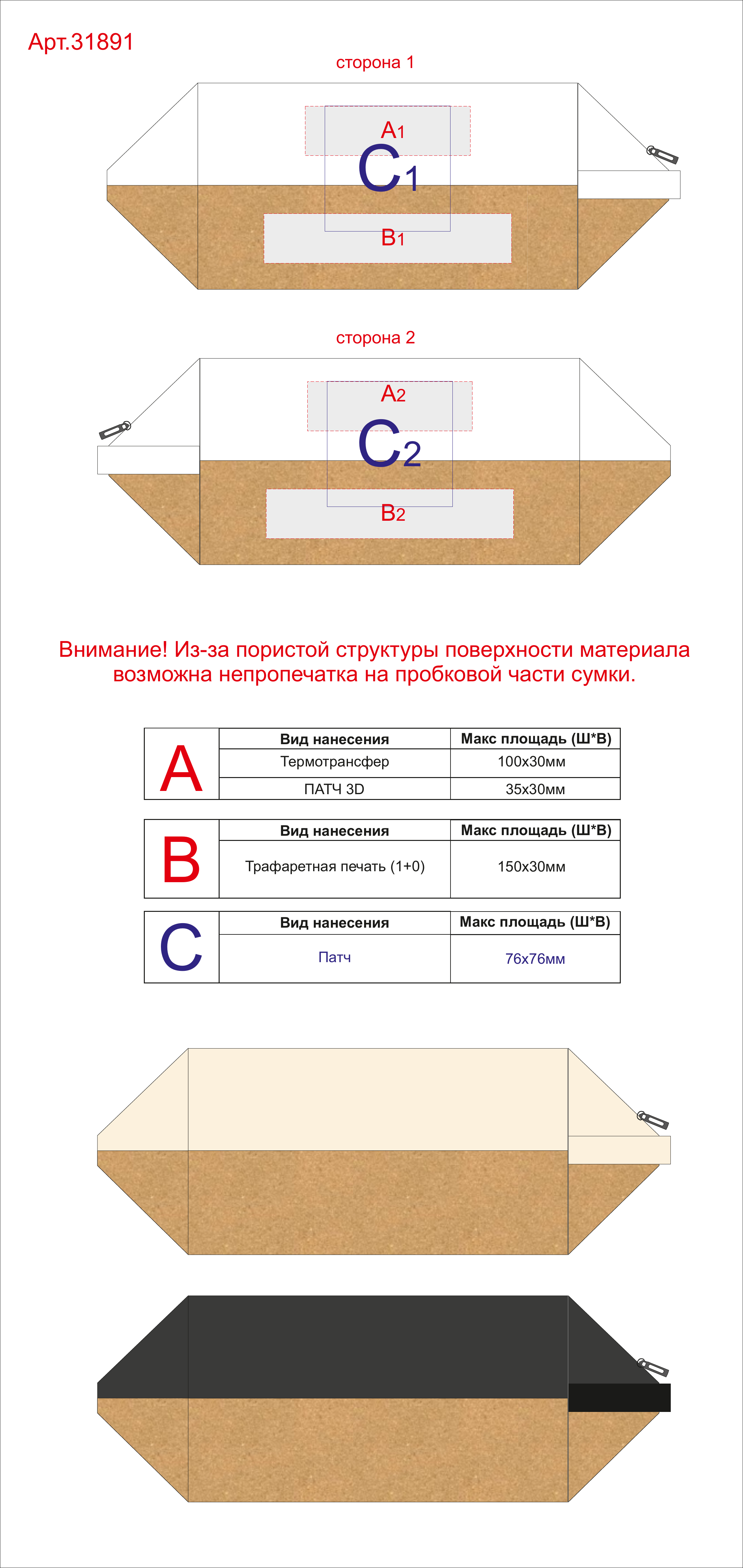Макет зон брендирования Несессер «Corky» хлопковый с пробковой вставкой
