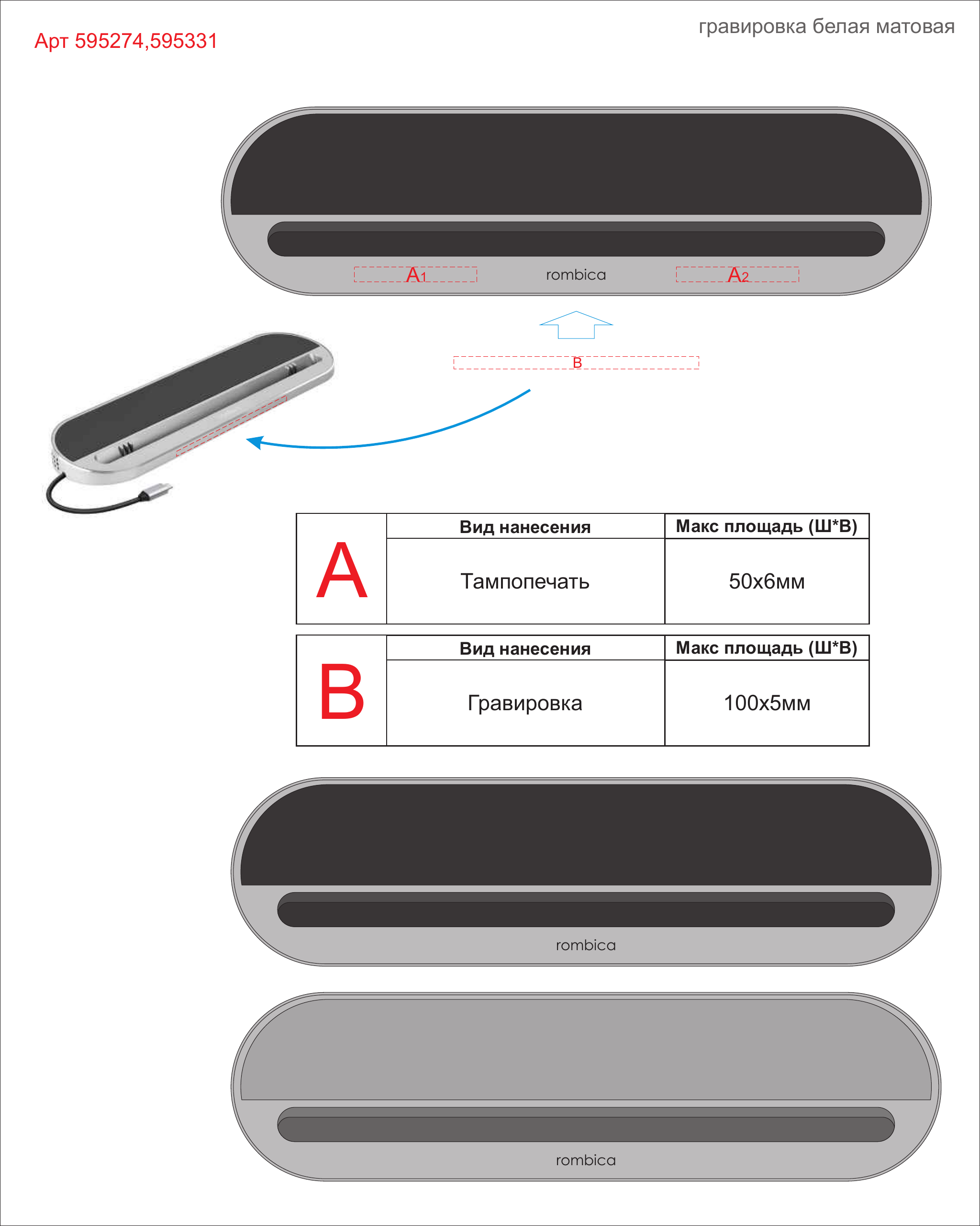 Макет зон брендирования Хаб USB Type-C 3.0 для ноутбуков «Falcon»