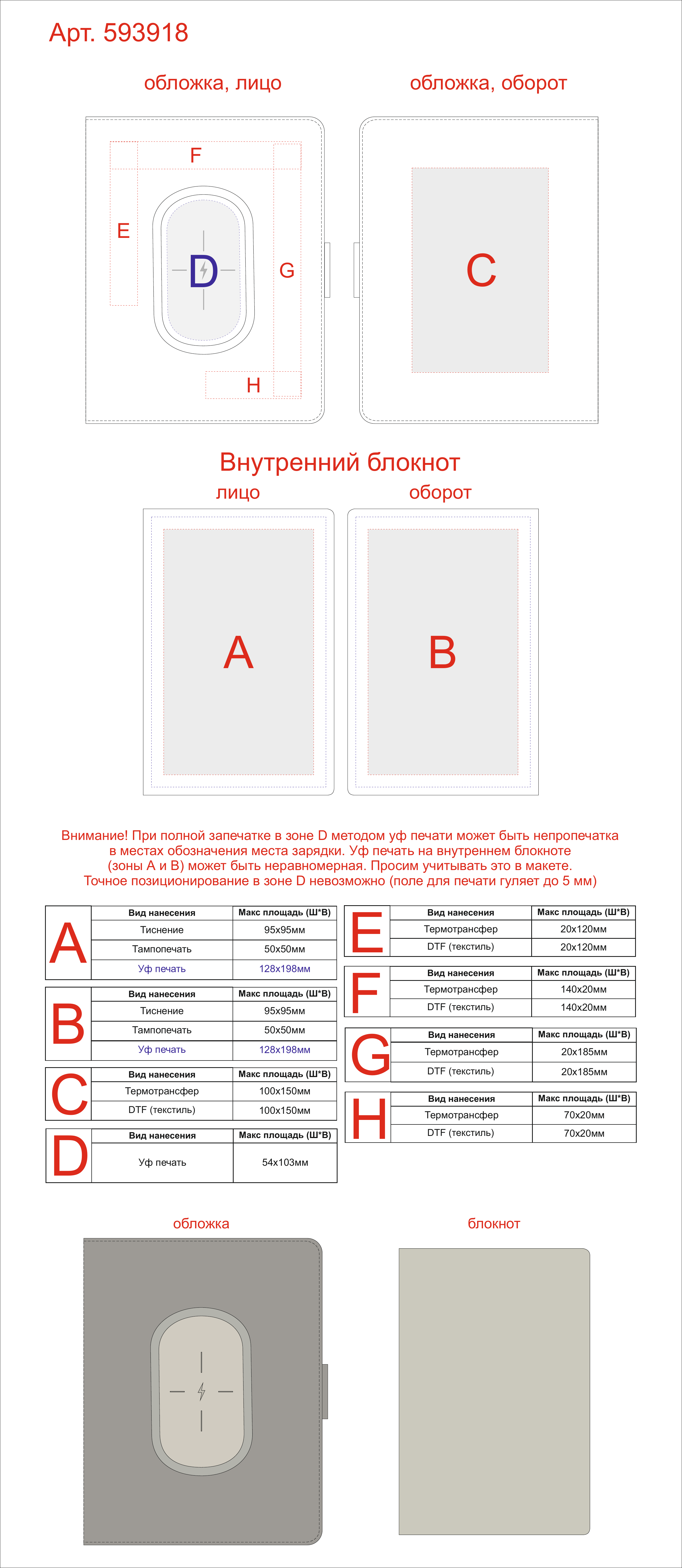 Макет зон брендирования Органайзер с беспроводной зарядкой «Powernote», 5000 mAh