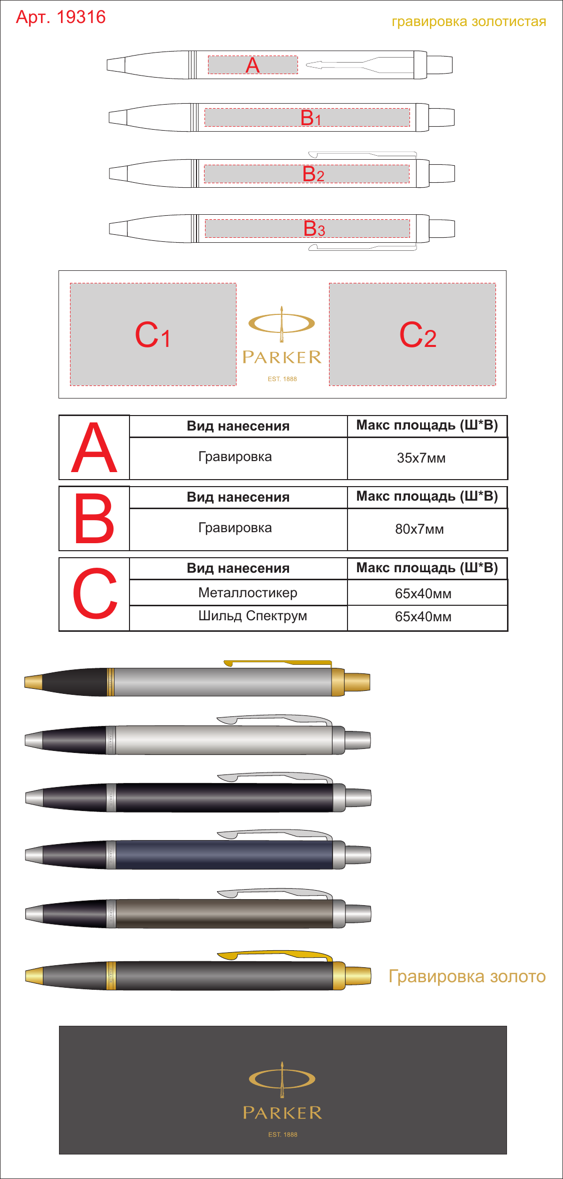 Макет зон брендирования Ручка шариковая Parker «IM Core Black GT»