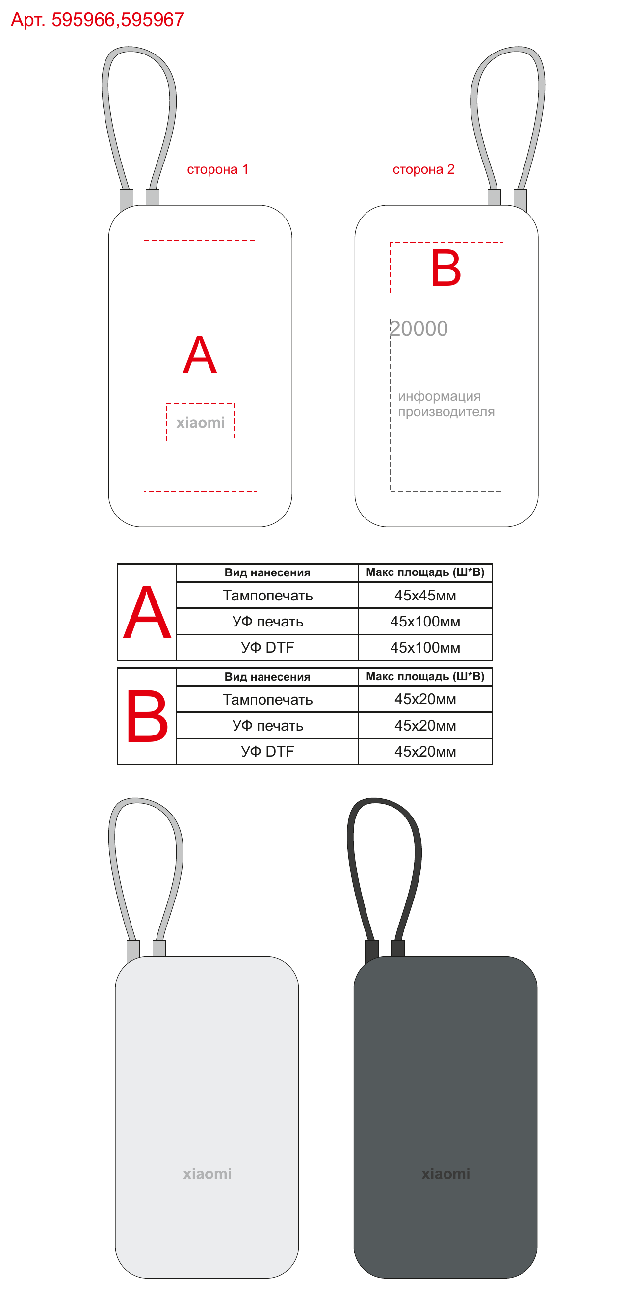 Макет зон брендирования Внешний аккумулятор с встроенным кабелем Xiaomi Power Bank (Integrated Cable), 20000 мАч
