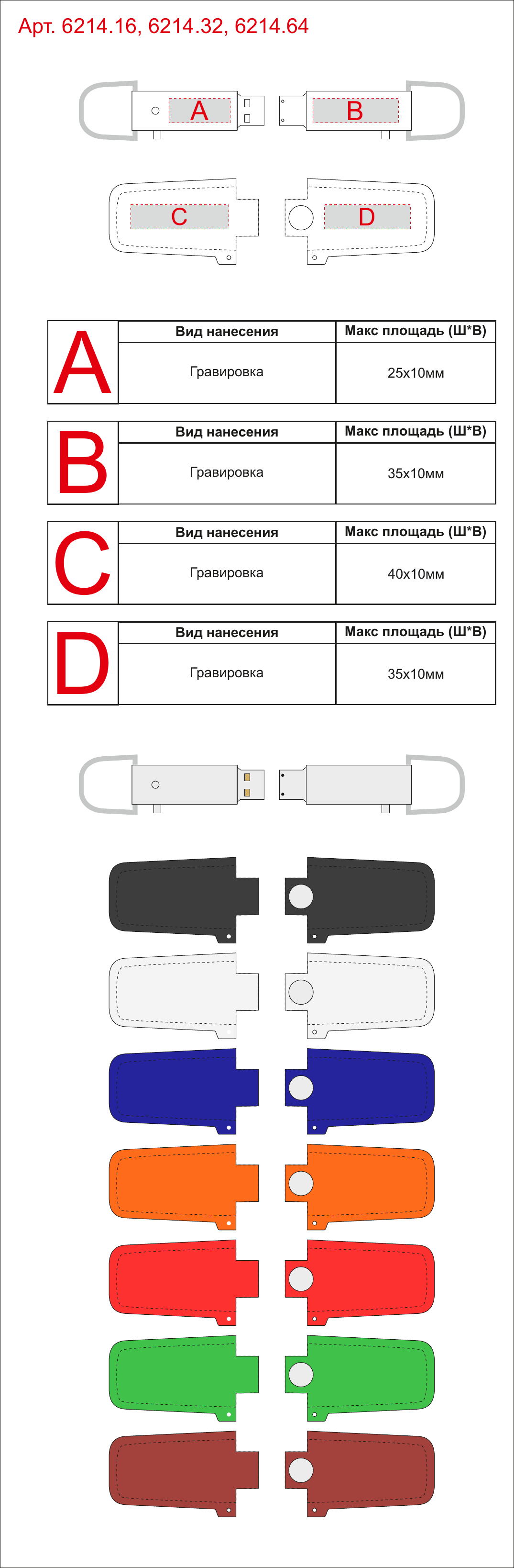 Макет зон брендирования USB 2.0- флешка на 8 Гб в массивном корпусе с кожаным чехлом
