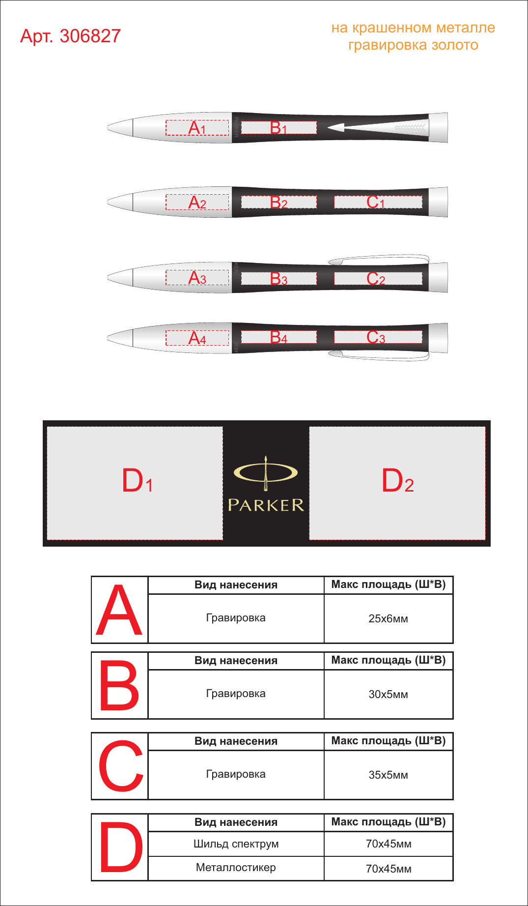 Макет зон брендирования Ручка Parker шариковая «Urban Muted Black CT»