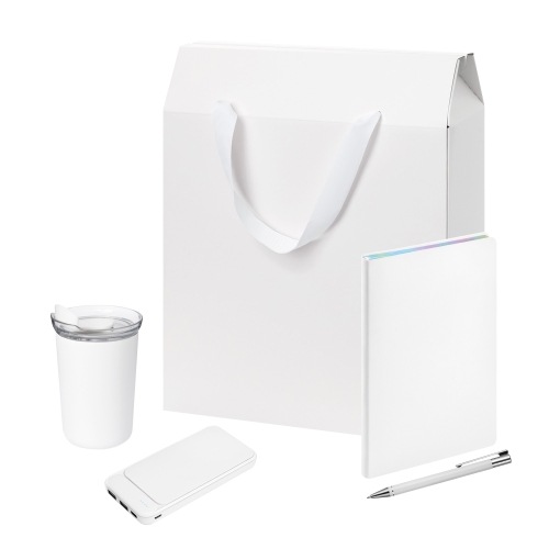 Подарочный набор Велком Пак (Welcome Pack), белый (термокружка, ежедневник, ручка, ЗУ, коробка-пакет)