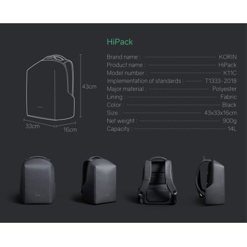 Рюкзак KORIN HiPack 43х33х16 см, черный