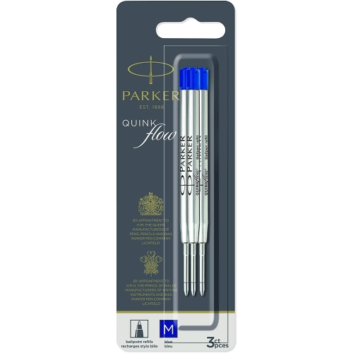 Parker Стержень для шариковой ручки Quink Flow (3шт), M, синий (в блистере)