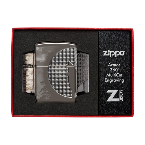 Зажигалка Zippo Armor Wolf с покрытием High Polish Black Ice, чёрная, 38x13x57 мм