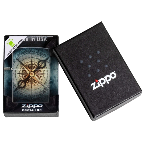 Зажигалка Zippo Compass Ghost с покрытием Glow In The Dark Green, латунь/сталь, черная, 38x13x57 мм