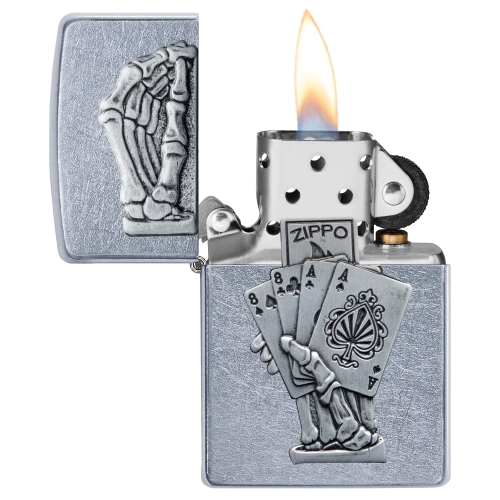 Зажигалка Zippo Dead Mans Hand с покрытием Street Chrome, латунь/сталь, серебристая, 38x13x57 мм