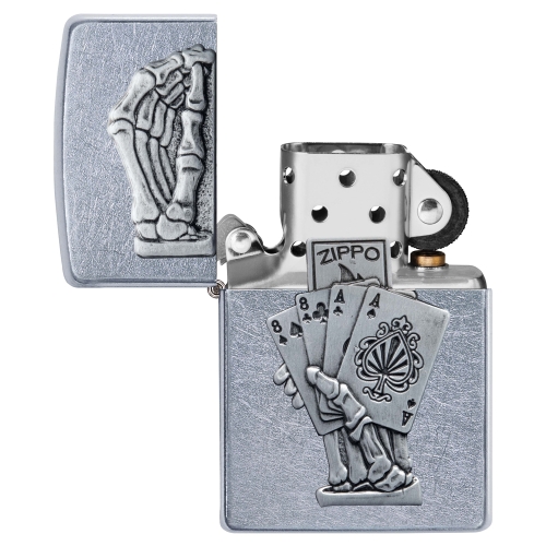Зажигалка Zippo Dead Mans Hand с покрытием Street Chrome, латунь/сталь, серебристая, 38x13x57 мм