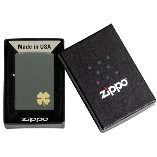 Зажигалка Zippo Four Leaf Clover с покрытием Green Matte, латунь/сталь, зеленая, 38x13x57 мм
