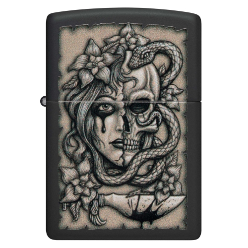 Зажигалка Zippo Gory Tattoo с покрытием Black Matte, латунь/сталь, черная, матовая, 38x13x57 мм