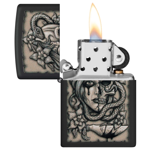 Зажигалка Zippo Gory Tattoo с покрытием Black Matte, латунь/сталь, черная, матовая, 38x13x57 мм