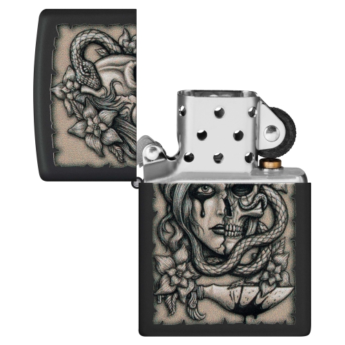 Зажигалка Zippo Gory Tattoo с покрытием Black Matte, латунь/сталь, черная, матовая, 38x13x57 мм