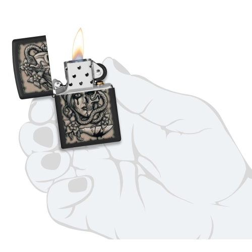Зажигалка Zippo Gory Tattoo с покрытием Black Matte, латунь/сталь, черная, матовая, 38x13x57 мм