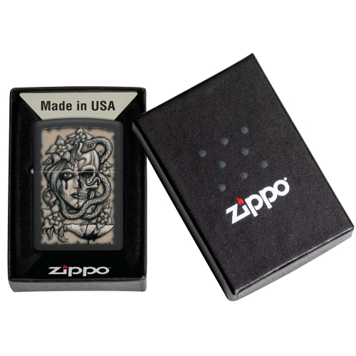 Зажигалка Zippo Gory Tattoo с покрытием Black Matte, латунь/сталь, черная, матовая, 38x13x57 мм