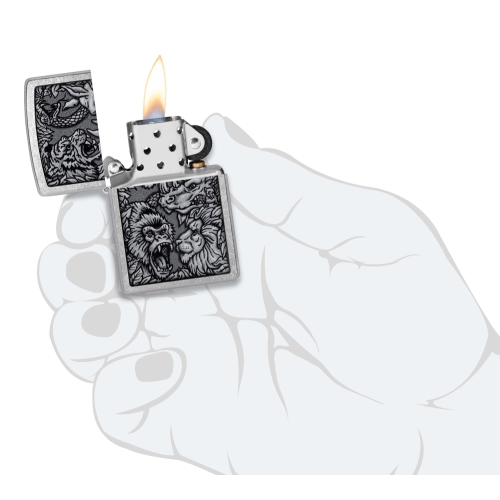 Зажигалка Zippo Jungle Design с покрытием Street Chrome, латунь/сталь, серебристая, 38x13x57 мм