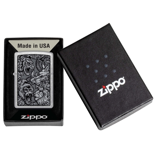 Зажигалка Zippo Jungle Design с покрытием Street Chrome, латунь/сталь, серебристая, 38x13x57 мм