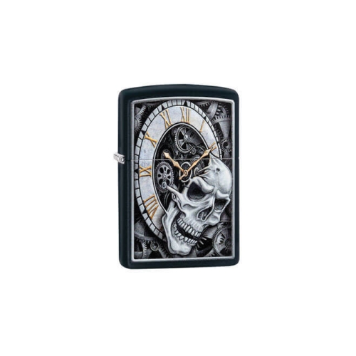 Зажигалка Zippo Skull Clock Design с покрытием Black Matte, латунь/сталь, чёрная, матовая, 36x12x56