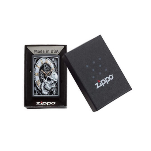 Зажигалка Zippo Skull Clock Design с покрытием Black Matte, латунь/сталь, чёрная, матовая, 36x12x56