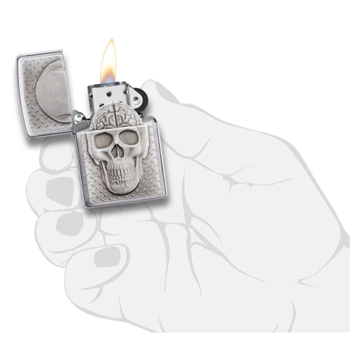 Зажигалка Zippo Skull Design с покрытием Brushed Chrome, латунь/сталь, серебристая, 38x13x57 мм