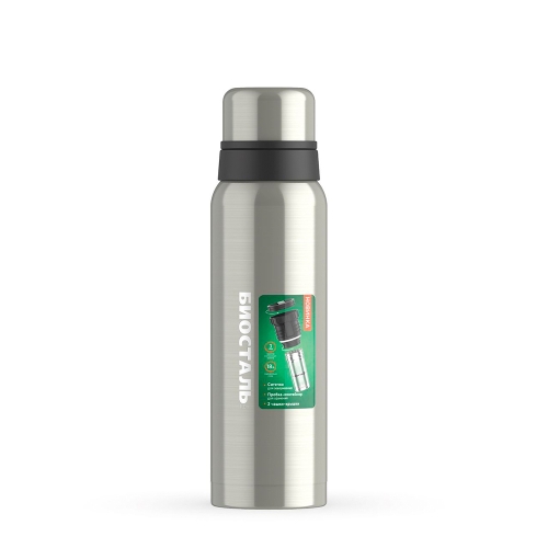 Термос Biostal с узким корпусом, с ситечком и двумя чашками (1 литр), стальной