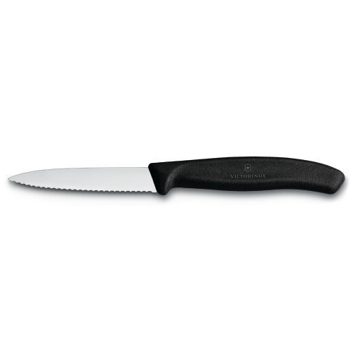 Нож Victorinox для очистки овощей, лезвие 8 см волнистое, черный