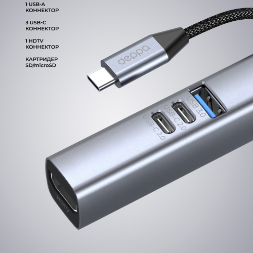 USB-хаб 7 в 1 USB-C - USB-A3.0 + 2хUSB-C + USB-C PD100Вт + HDMI + SD + microSD