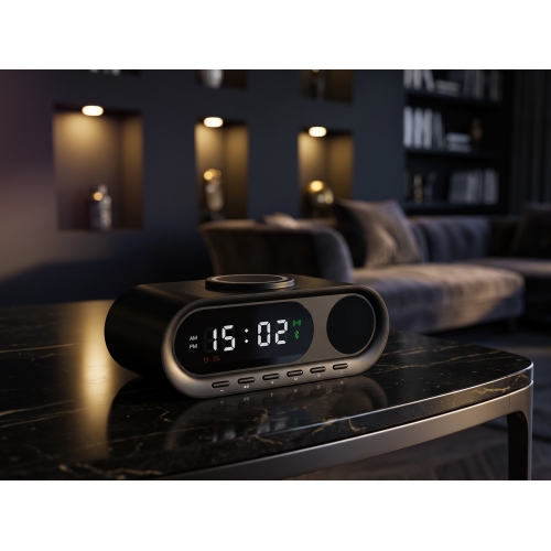 Настольные часы "Smart Hub" с bluetooth колонкой 5Вт, беспроводной (15W) зарядкой и подсветкой логотипа
