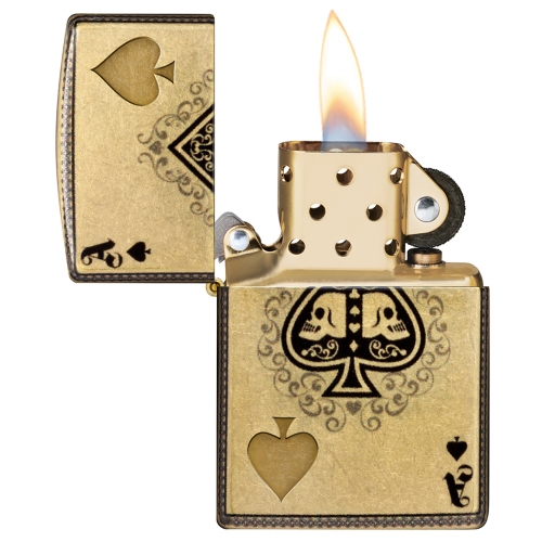 Зажигалка ZIPPO Ace of Skulls Design с покрытием 540 Tumbled Brass, латунь/сталь, золотистая, 38x13x