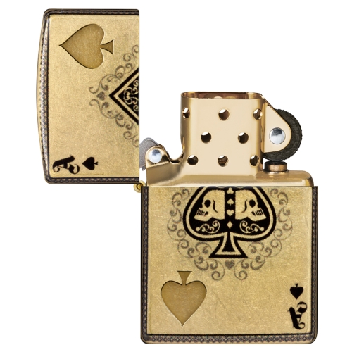 Зажигалка ZIPPO Ace of Skulls Design с покрытием 540 Tumbled Brass, латунь/сталь, золотистая, 38x13x