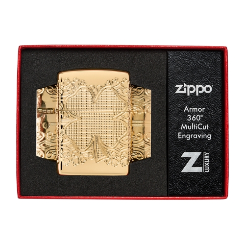 Зажигалка ZIPPO Armor Счастливый клевер с глянцевым золотистым покрытием | Lucky Clover High Polish