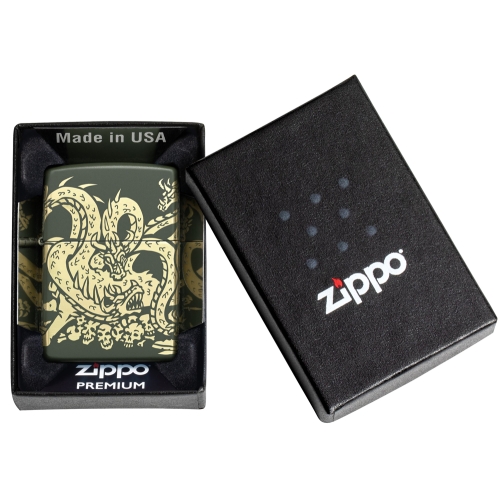Зажигалка Zippo Dragon Design с покрытием Green Matte, латунь/сталь, зеленая, матовая, 38x13x57 мм