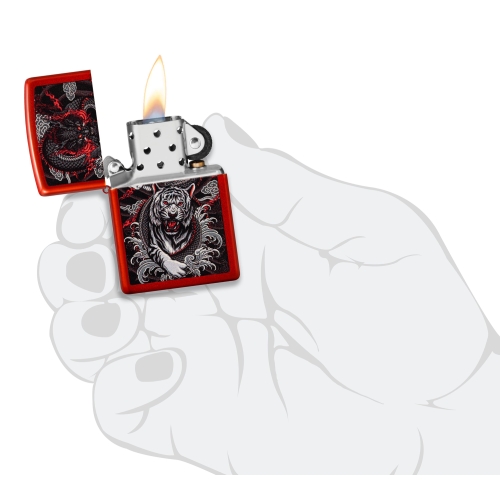 Зажигалка Zippo Dragon Tiger Design с покрытием Metallic Red, латунь/сталь, красная, 38x13x57 мм