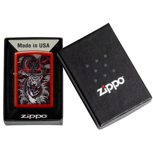Зажигалка Zippo Dragon Tiger Design с покрытием Metallic Red, латунь/сталь, красная, 38x13x57 мм