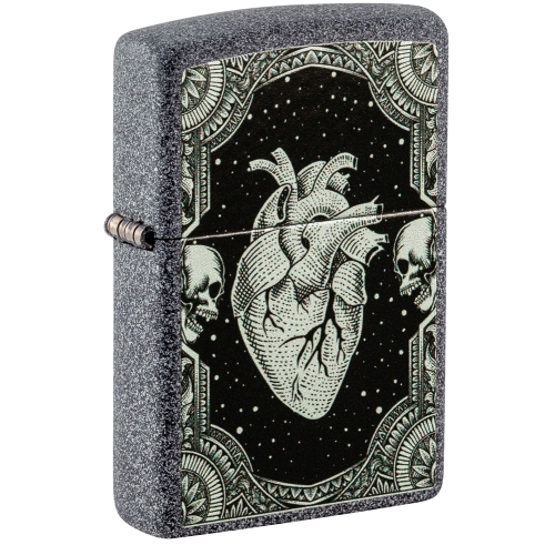 Зажигалка Zippo Heart Design с покрытием Iron Stone, латунь/сталь, серая, 38x13x57 мм