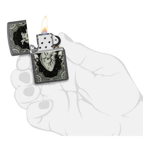Зажигалка Zippo Heart Design с покрытием Iron Stone, латунь/сталь, серая, 38x13x57 мм