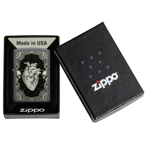 Зажигалка Zippo Heart Design с покрытием Iron Stone, латунь/сталь, серая, 38x13x57 мм