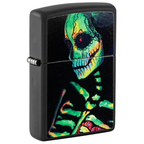 Зажигалка Zippo Skeleton Design с покрытием Black Light, латунь/сталь, черная, матовая, 38x13x57 мм