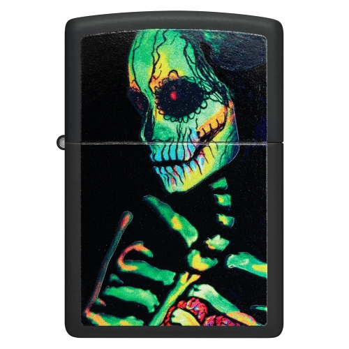 Зажигалка Zippo Skeleton Design с покрытием Black Light, латунь/сталь, черная, матовая, 38x13x57 мм