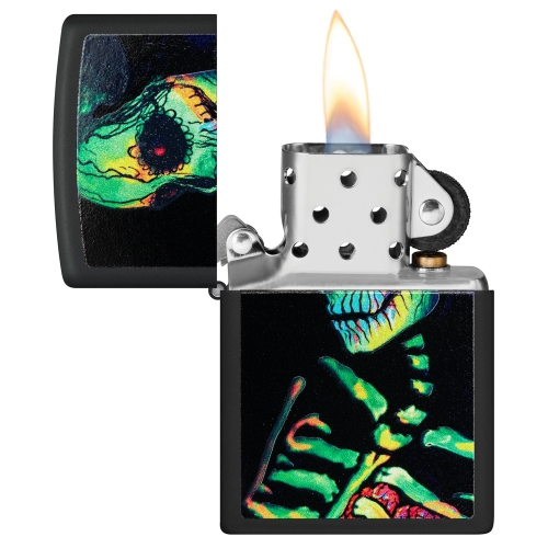 Зажигалка Zippo Skeleton Design с покрытием Black Light, латунь/сталь, черная, матовая, 38x13x57 мм