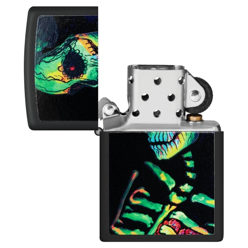 Зажигалка Zippo Skeleton Design с покрытием Black Light, латунь/сталь, черная, матовая, 38x13x57 мм