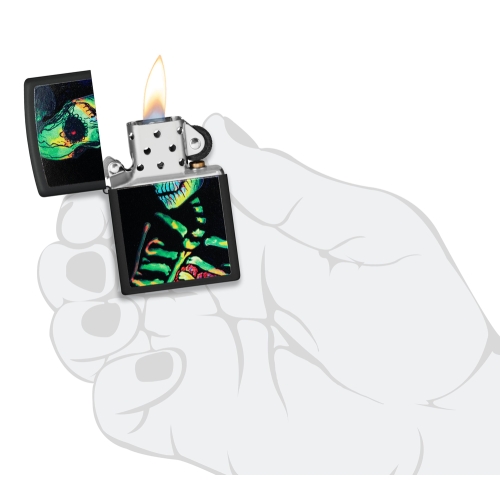 Зажигалка Zippo Skeleton Design с покрытием Black Light, латунь/сталь, черная, матовая, 38x13x57 мм