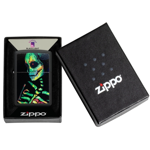 Зажигалка Zippo Skeleton Design с покрытием Black Light, латунь/сталь, черная, матовая, 38x13x57 мм