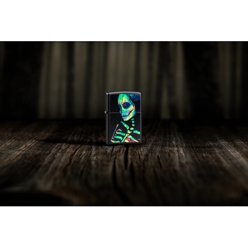 Зажигалка Zippo Skeleton Design с покрытием Black Light, латунь/сталь, черная, матовая, 38x13x57 мм