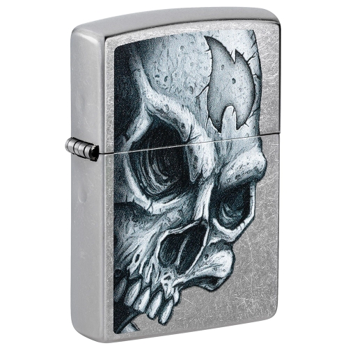Зажигалка ZIPPO Skull and Flame с покрытием Street Chrome, латунь/сталь, серебристая, матовая, 38x13