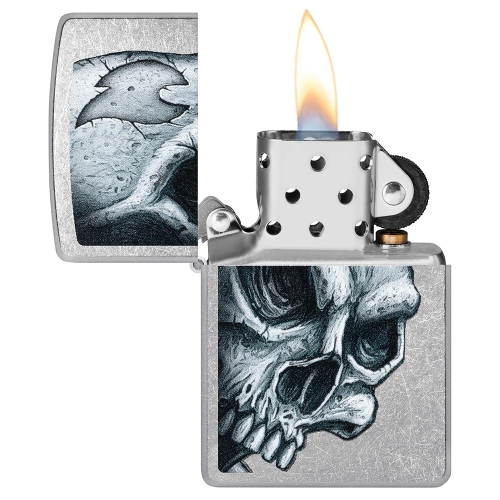 Зажигалка ZIPPO Skull and Flame с покрытием Street Chrome, латунь/сталь, серебристая, матовая, 38x13